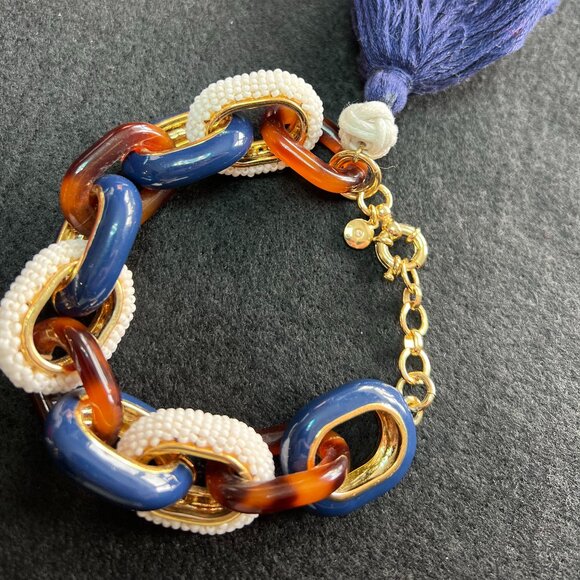 J Crew Navy Blue, Cream, Tortoiseshell Enamel Gold Jumbo Link Bracelet - Picture 3 of 5